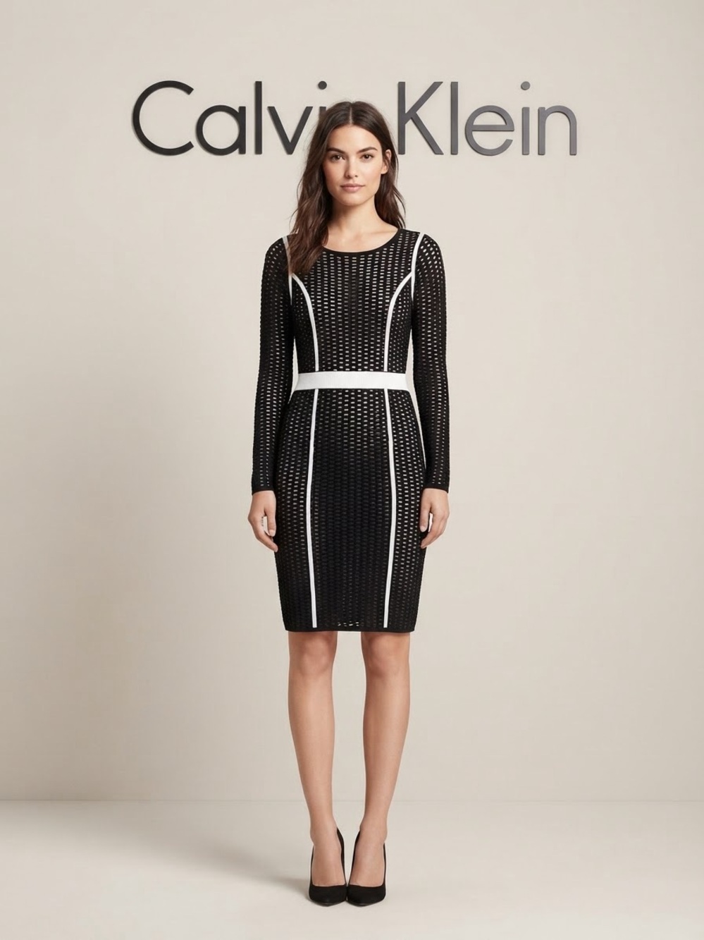 Calvin Klein Textured Geometric Mesh Knit Sweater Dress Black White Small